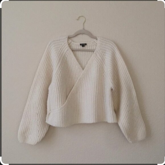 Wild Fable Wrap Sweater Pointelle Sleeves V Neck Ivory Size Small Chunky Knit - Picture 1 of 12